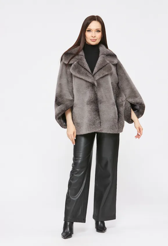 Фото Шуба из эко норки крестовка серая с воротником - 7