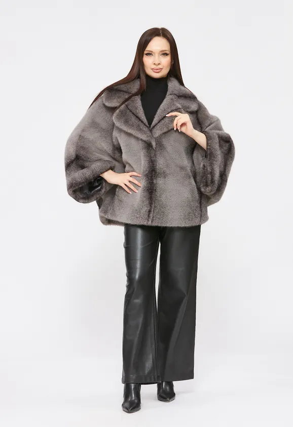 Фото Шуба из эко норки крестовка серая с воротником - 1