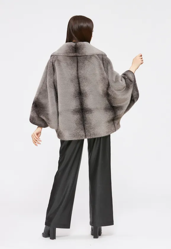 Фото Шуба из эко норки крестовка серая с воротником - 6