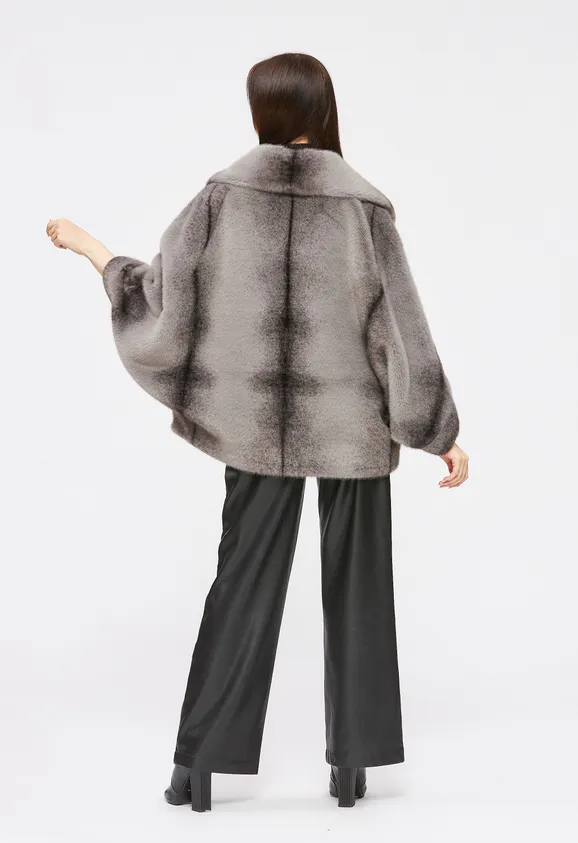 Фото Шуба из эко норки крестовка серая с воротником - 8