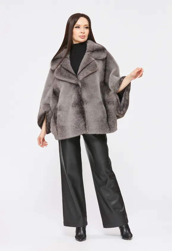 Фото Шуба из эко норки крестовка серая с воротником - 3