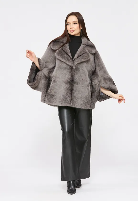 Фото Шуба из эко норки крестовка серая с воротником - 5