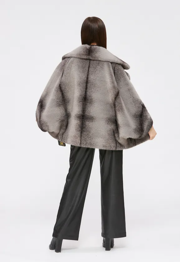 Фото Шуба из эко норки крестовка серая с воротником - 4