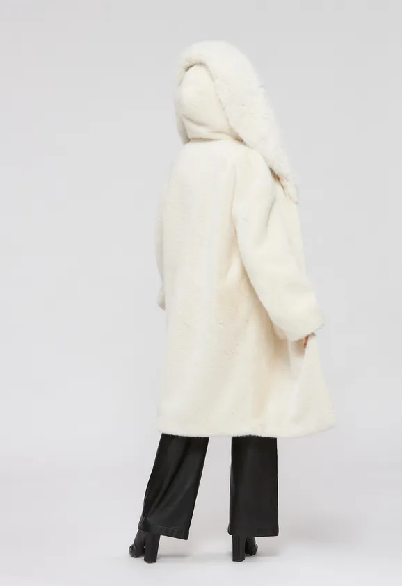Фото Шуба из эко норки белая с капюшоном из эко песца - 7