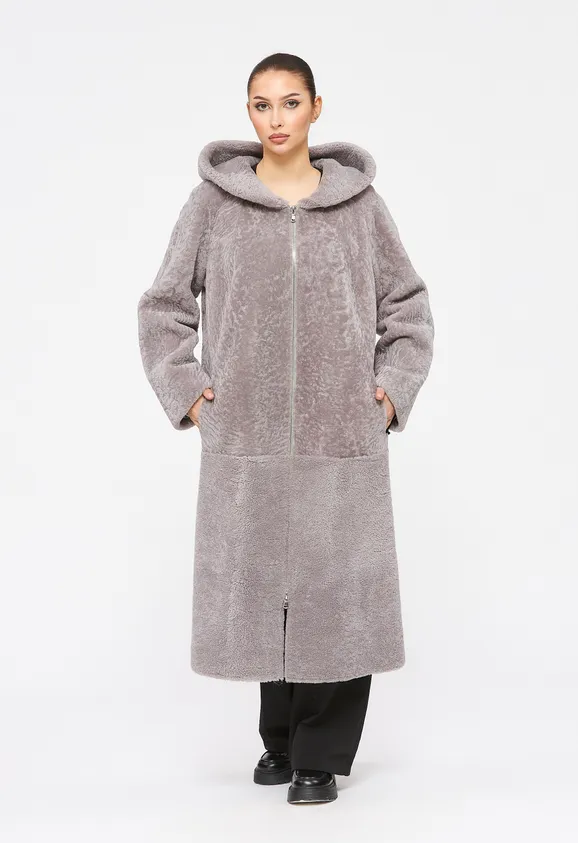 Фото Шуба из натурального астрагана керли лаванда с капюшоном - 2