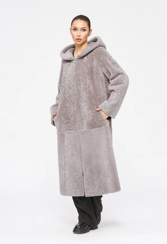 Фото Шуба из натурального астрагана керли лаванда с капюшоном - 5