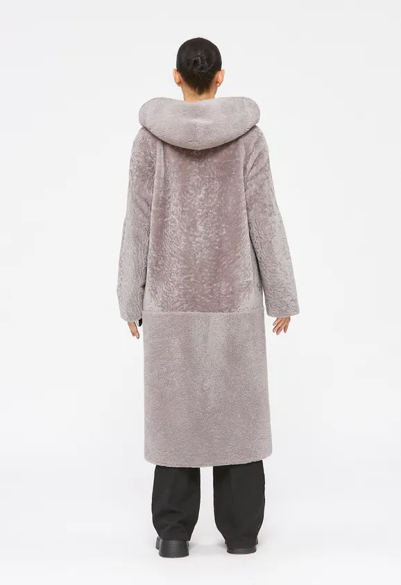 Фото Шуба из натурального астрагана керли лаванда с капюшоном - 3