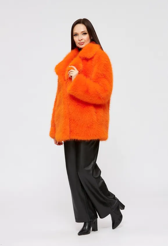 Фото Шуба из эко песца оранжевая с английским воротником - 6