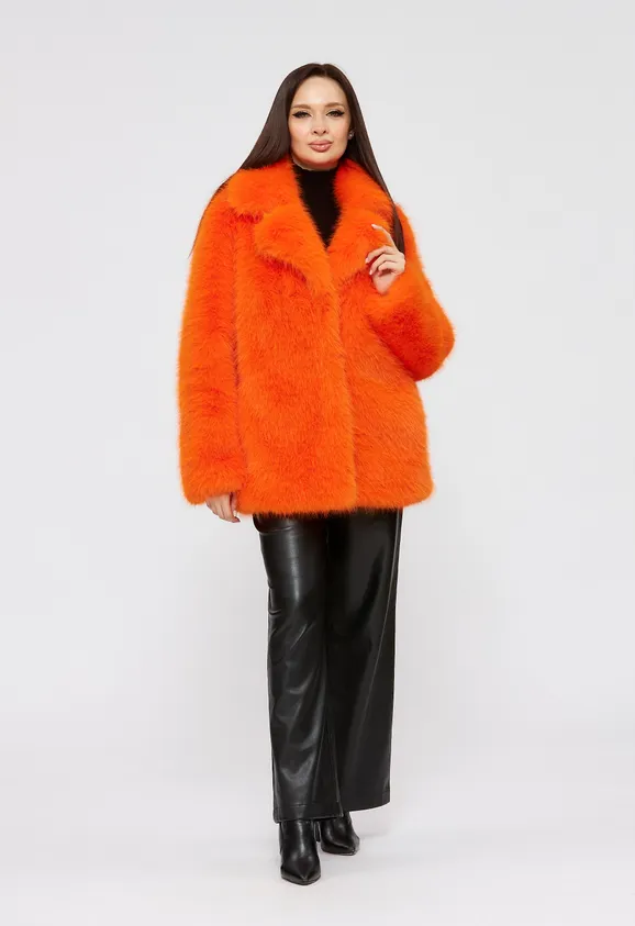 Фото Шуба из эко песца оранжевая с английским воротником - 5