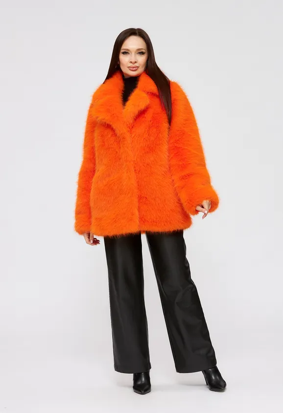 Фото Шуба из эко песца оранжевая с английским воротником - 7