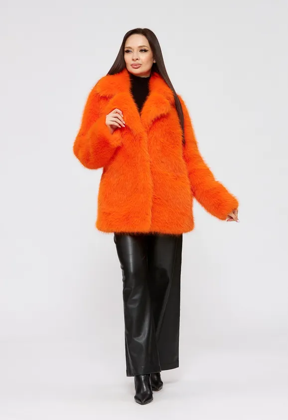 Фото Шуба из эко песца оранжевая с английским воротником - 3