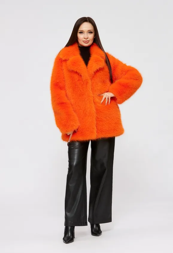 Фото Шуба из эко песца оранжевая с английским воротником - 1