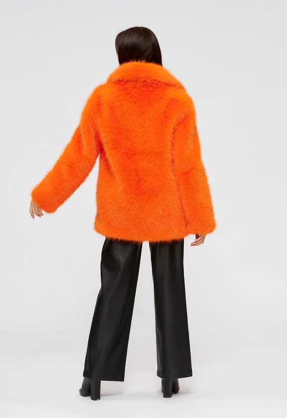 Фото Шуба из эко песца оранжевая с английским воротником - 8