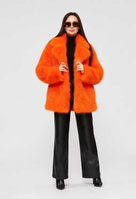 Фото Шуба из эко песца оранжевая с английским воротником - 4
