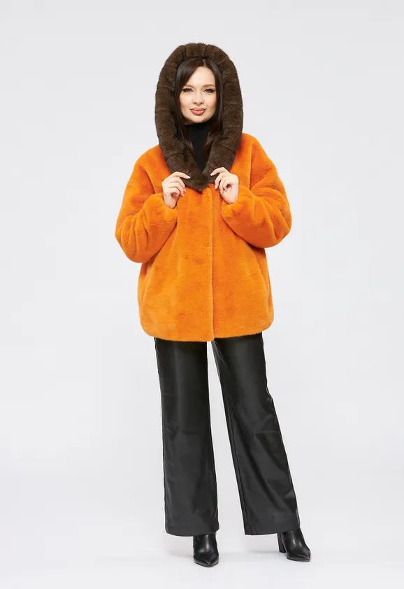 Фото Шуба из эко норки оранжевая с капюшоном - 6