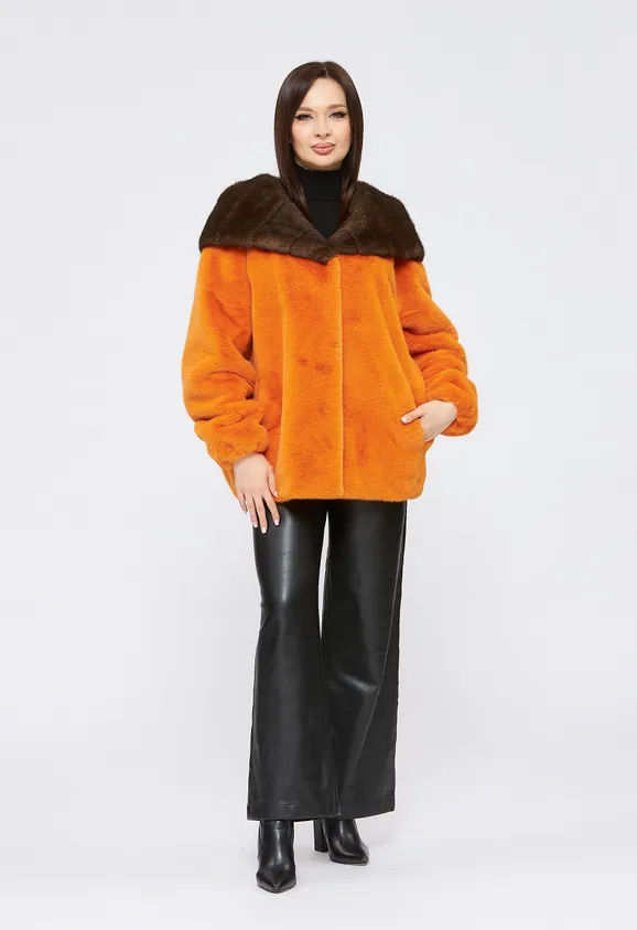 Фото Шуба из эко норки оранжевая с капюшоном - 8
