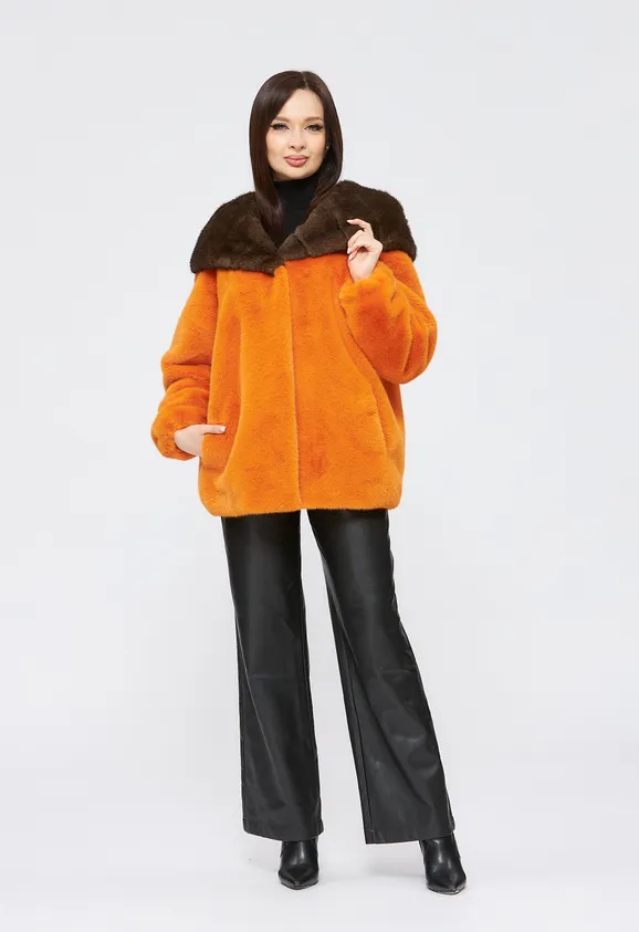 Фото Шуба из эко норки оранжевая с капюшоном - 1