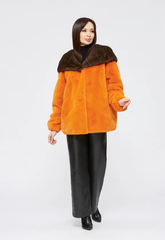 Фото Шуба из эко норки оранжевая с капюшоном - 4