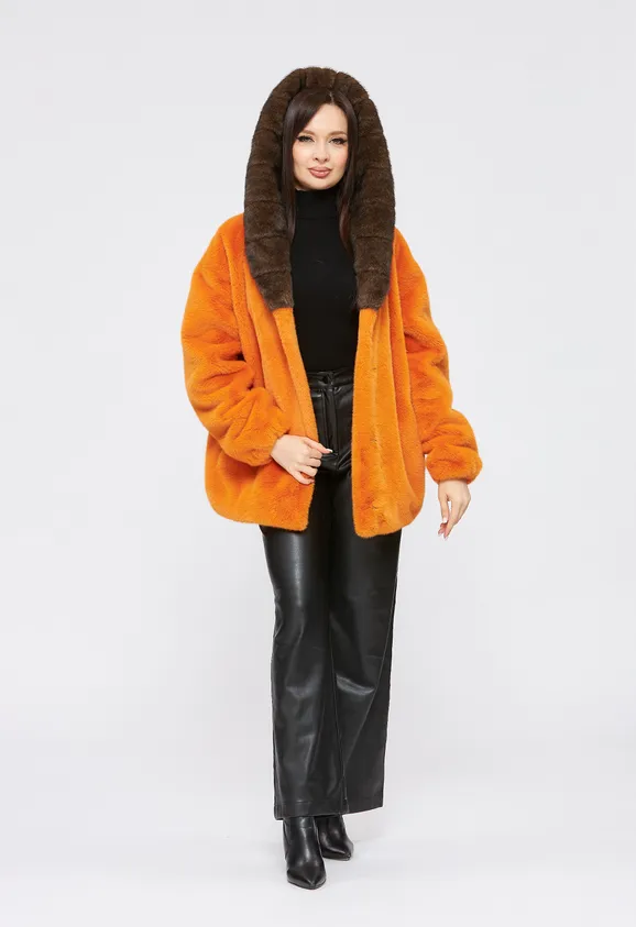 Фото Шуба из эко норки оранжевая с капюшоном - 3