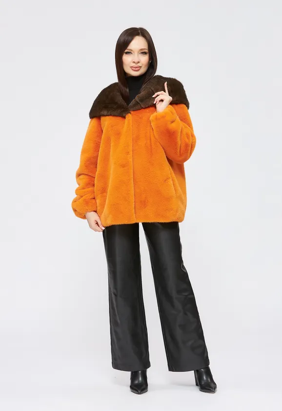 Фото Шуба из эко норки оранжевая с капюшоном - 2
