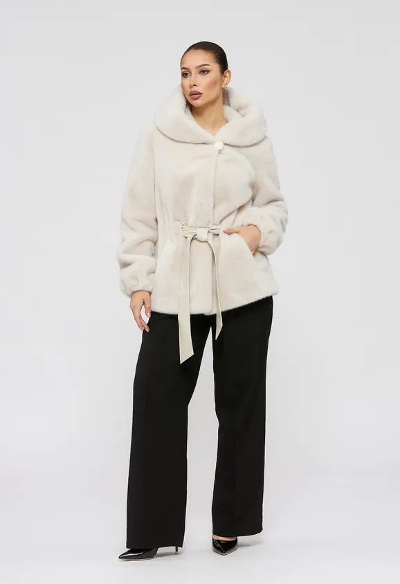 Фото Шуба из эко норки цвета жемчуг с капюшоном - 8