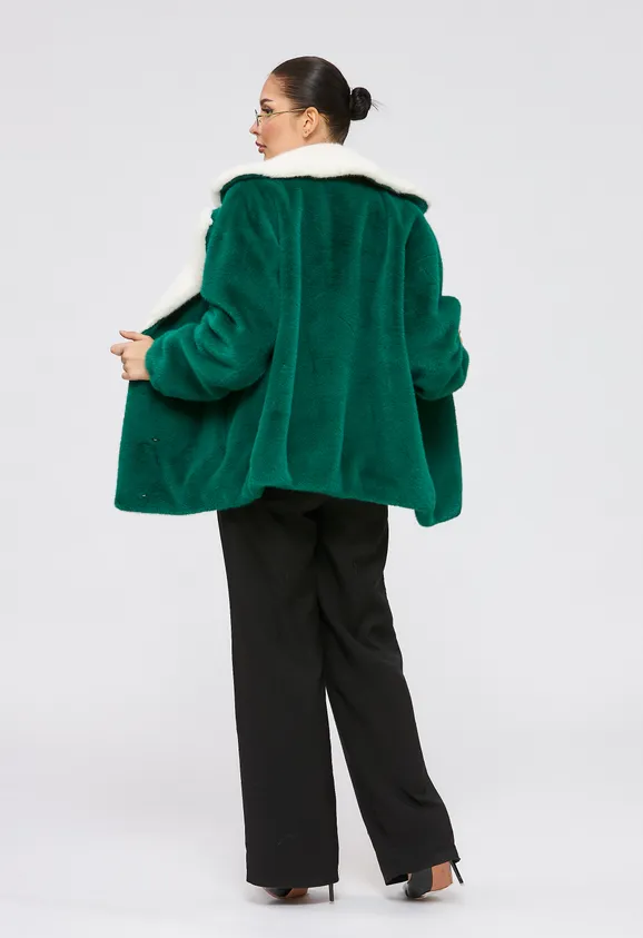 Фото Шуба из эко норки зеленая с английским воротником - 6