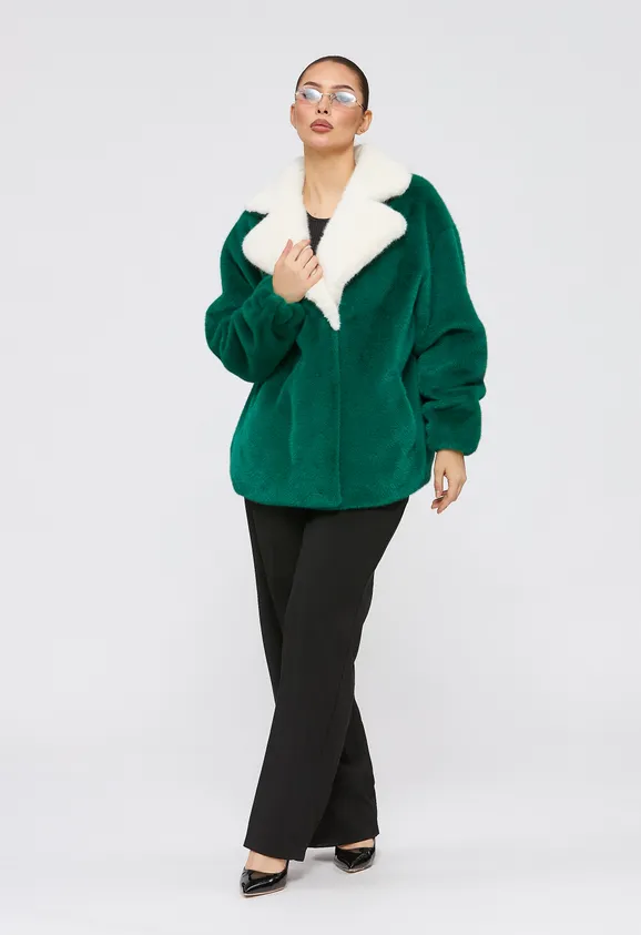 Фото Шуба из эко норки зеленая с английским воротником - 4