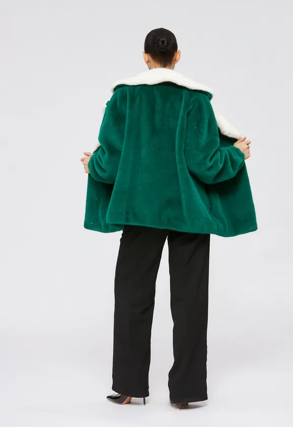 Фото Шуба из эко норки зеленая с английским воротником - 8