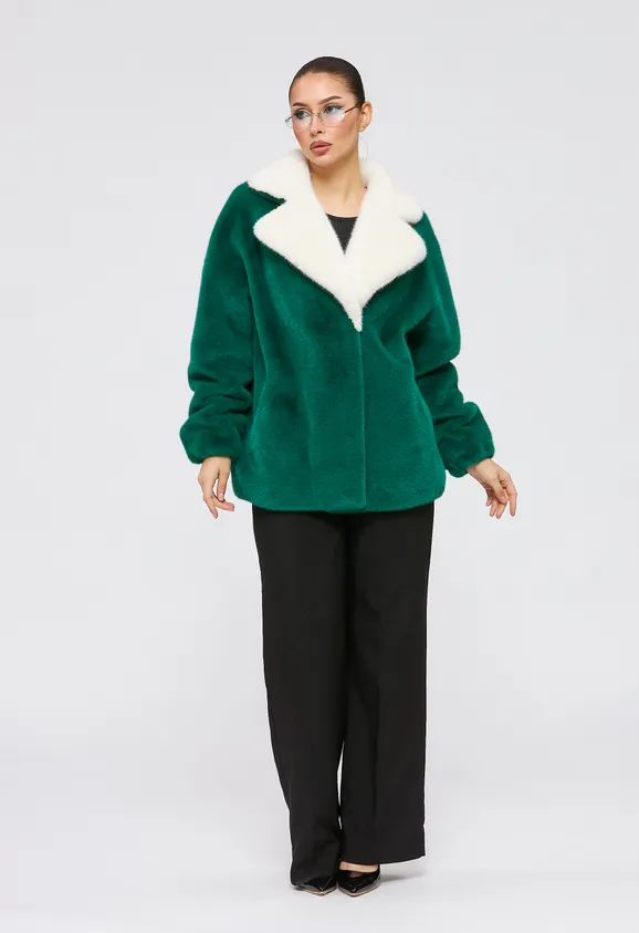 Фото Шуба из эко норки зеленая с английским воротником - 3
