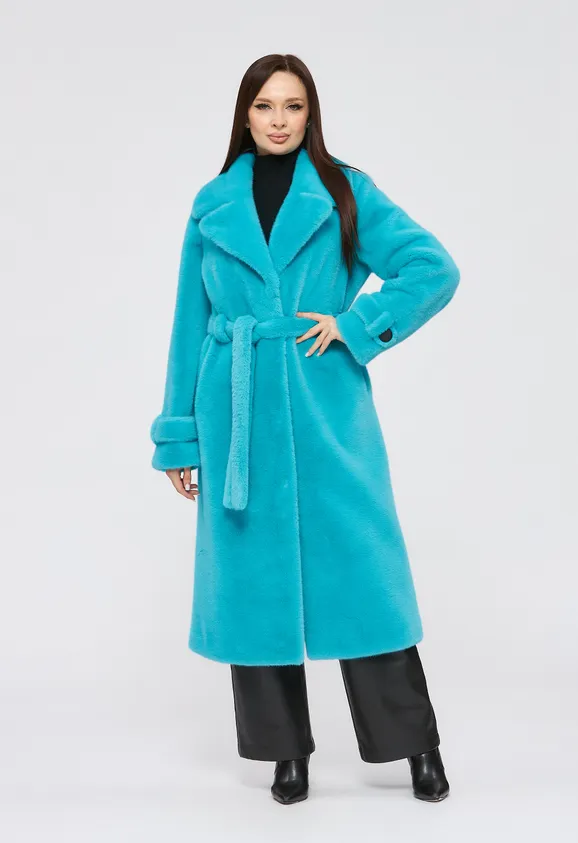 Фото Шуба из эко норки аквамарин с английским воротником - 8