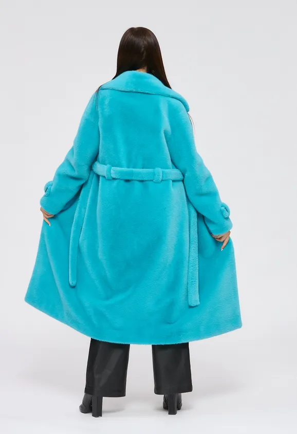 Фото Шуба из эко норки аквамарин с английским воротником - 5