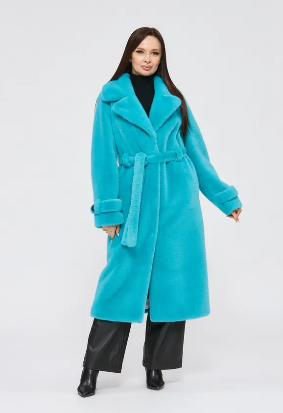 Фото Шуба из эко норки аквамарин с английским воротником - 3