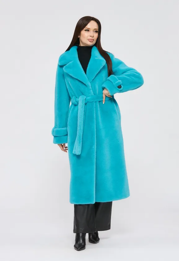 Фото Шуба из эко норки аквамарин с английским воротником - 1
