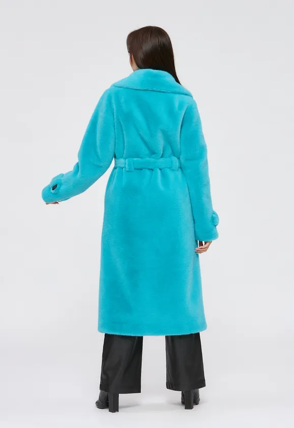 Фото Шуба из эко норки аквамарин с английским воротником - 10