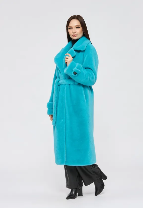 Фото Шуба из эко норки аквамарин с английским воротником - 4