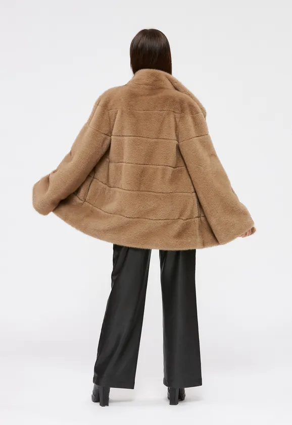 Фото Шуба из эко норки капучино с воротником стойка - 9