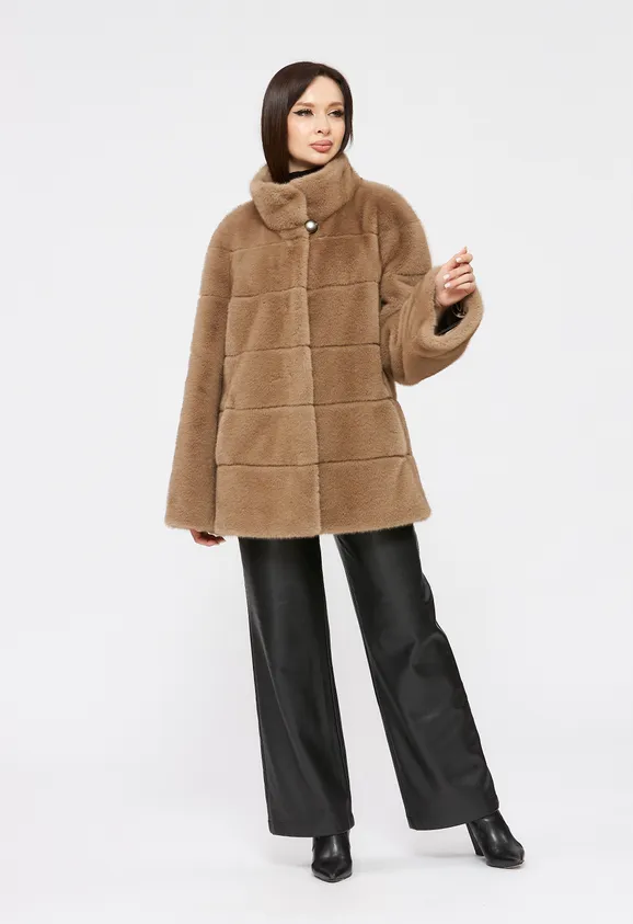 Фото Шуба из эко норки капучино с воротником стойка - 3