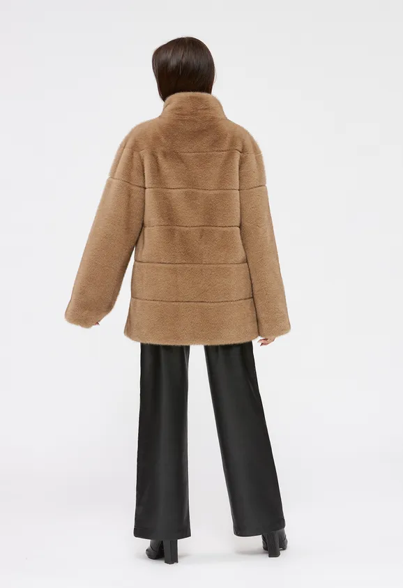 Фото Шуба из эко норки капучино с воротником стойка - 8