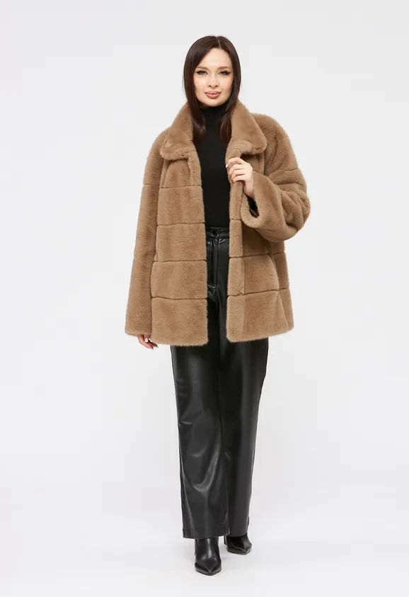 Фото Шуба из эко норки капучино с воротником стойка - 1