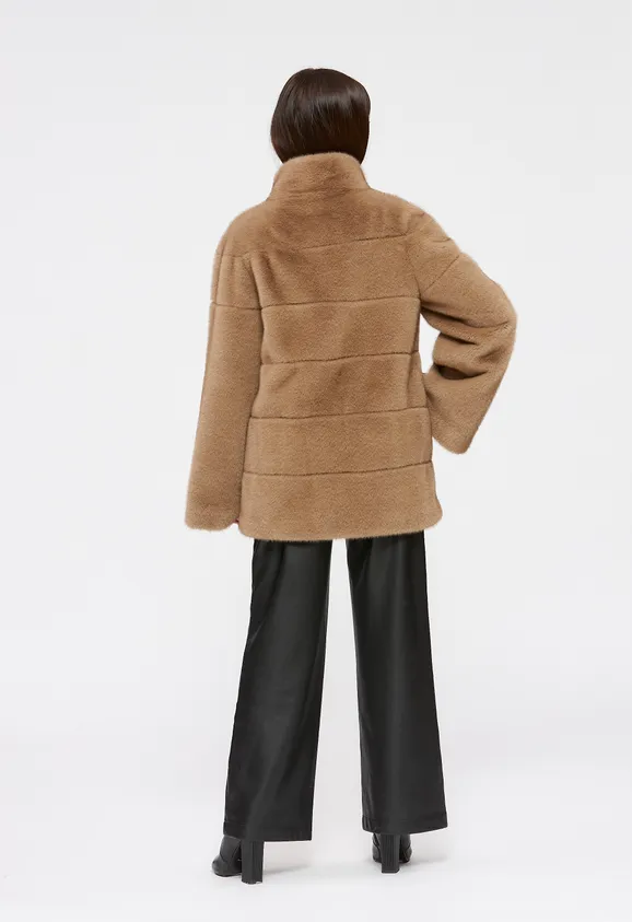 Фото Шуба из эко норки капучино с воротником стойка - 7