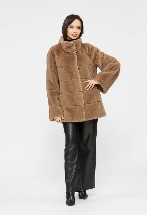 Фото Шуба из эко норки капучино с воротником стойка - 2