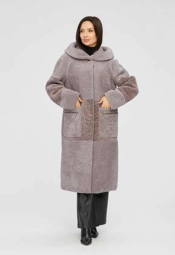 Фото Шуба из натурального астрагана керли лаванда с капюшоном - 2