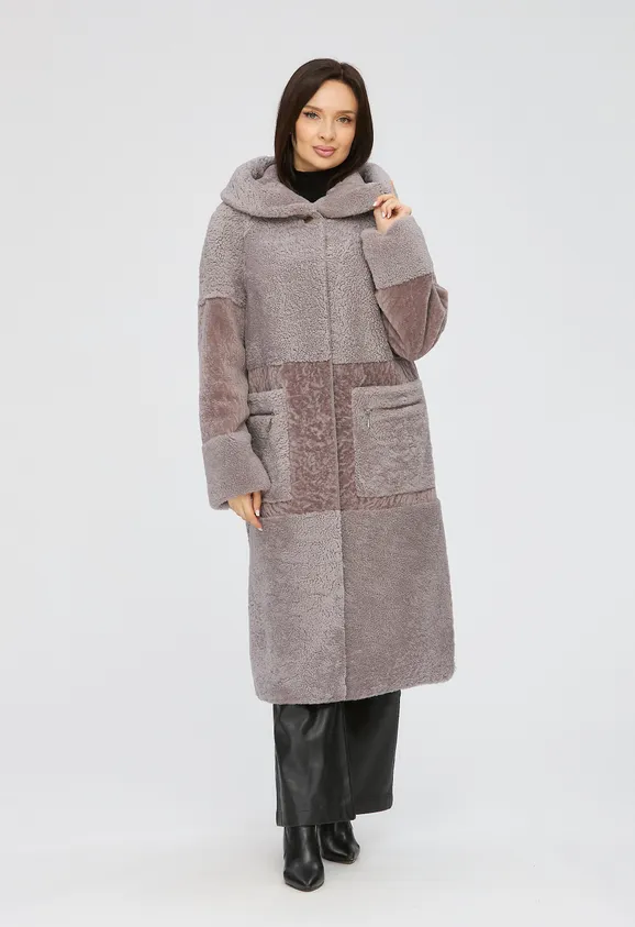 Фото Шуба из натурального астрагана керли лаванда с капюшоном - 4