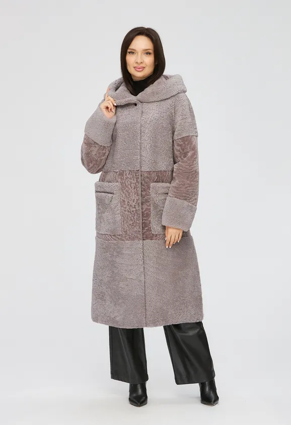 Фото Шуба из натурального астрагана керли лаванда с капюшоном - 1