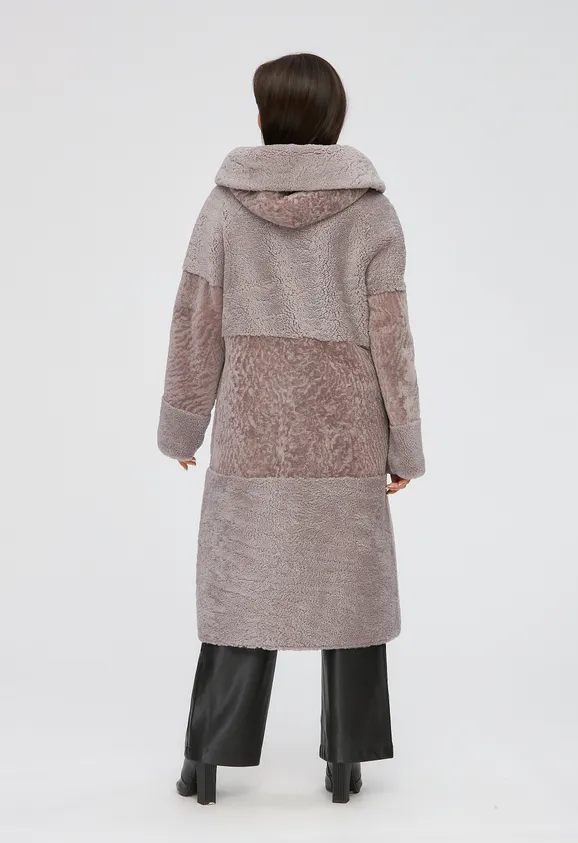 Фото Шуба из натурального астрагана керли лаванда с капюшоном - 7