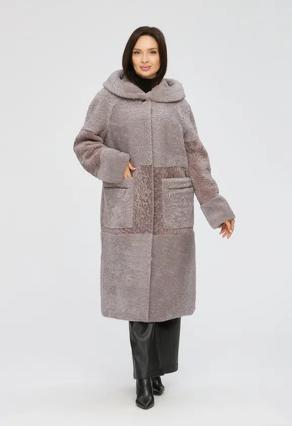 Фото Шуба из натурального астрагана керли лаванда с капюшоном - 6