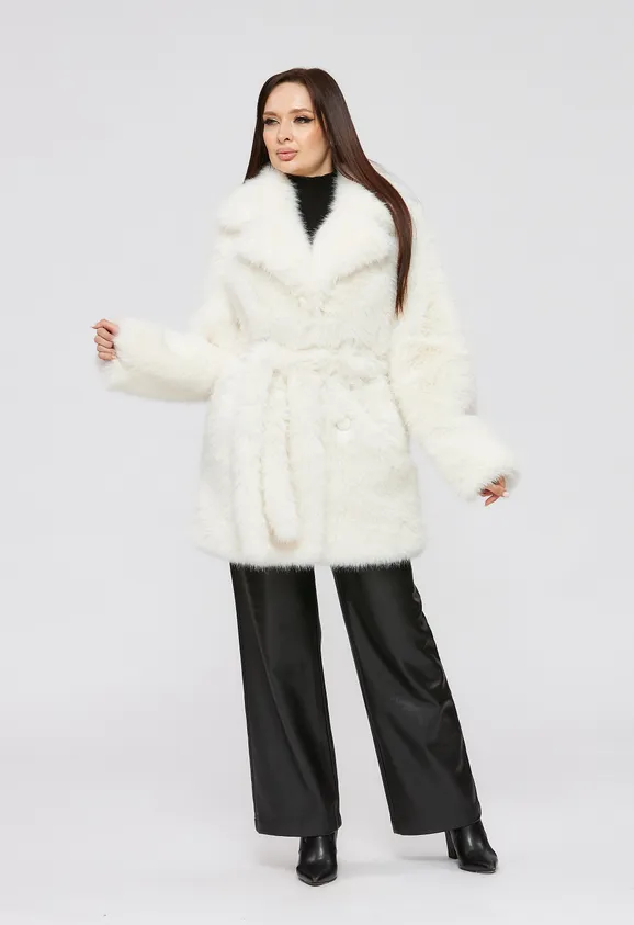 Фото Шуба из эко песца белая с английским воротником - 7