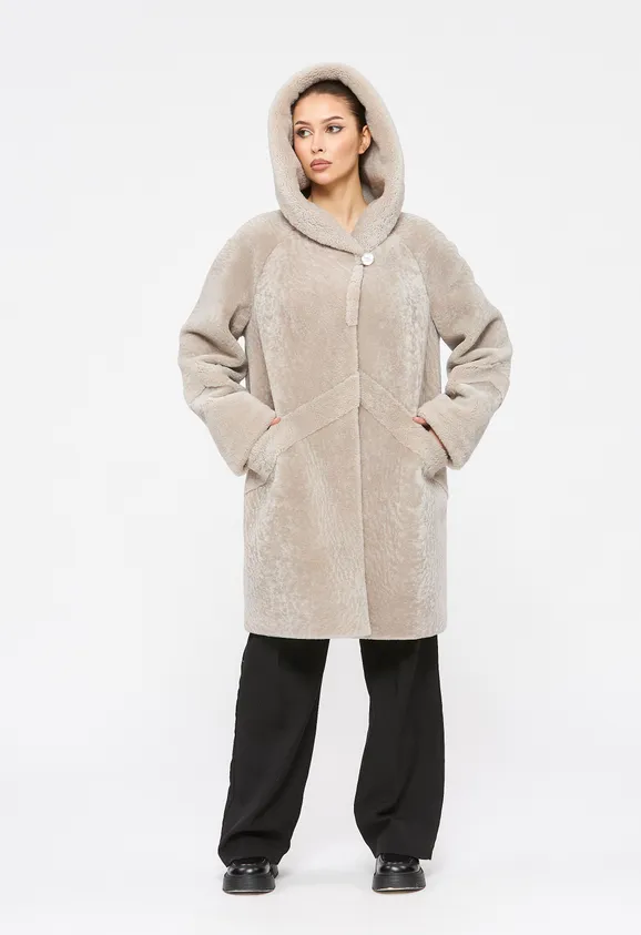 Фото Шуба из натурального астрагана керли жемчуг с капюшоном - 5