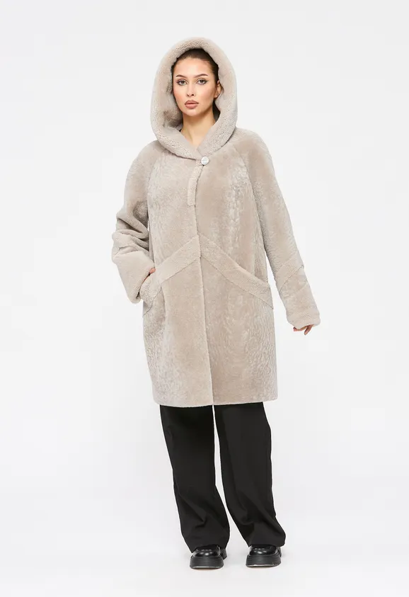 Фото Шуба из натурального астрагана керли жемчуг с капюшоном - 2
