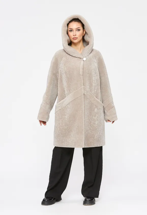 Фото Шуба из натурального астрагана керли жемчуг с капюшоном - 1